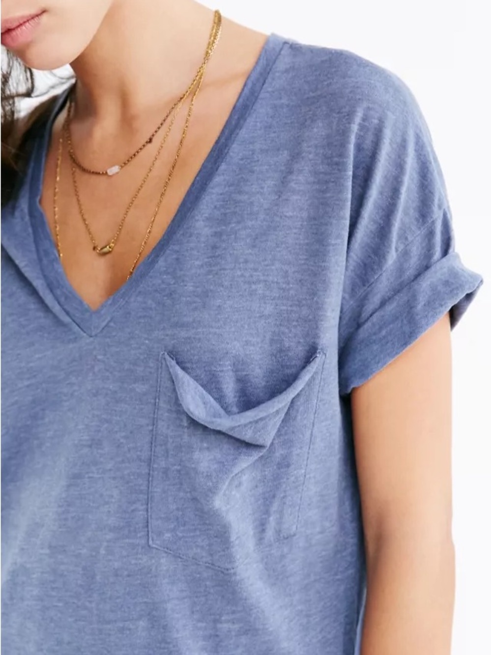 American Eagle Outfitters Heathered Blue V-Neck Pocket Tee